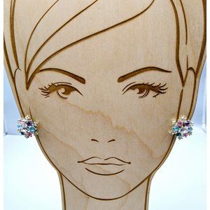 Vintage Crystal Flowers Earrings, Colorful Sparkle Screw Back Chaton Bouquet
